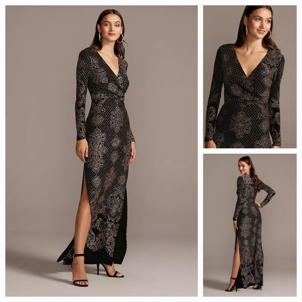 New BLU SAGE Women's (8) Black Gold Glitter Print Bodycon Long Sleeve Dress $150